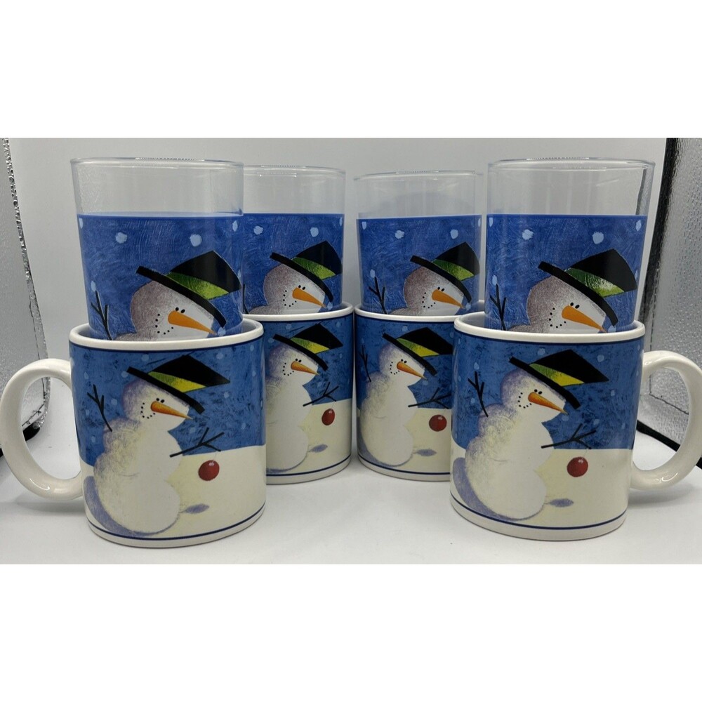 VNTG set of 4 Cherry Snowman Stoneware Mugs & 4 Highball Tumblers by Zulauf